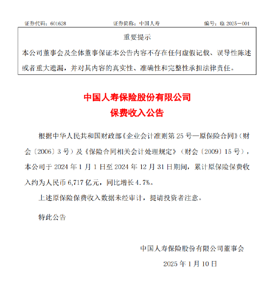 中国人寿：2024年原保险保费收入同比增长4.7%