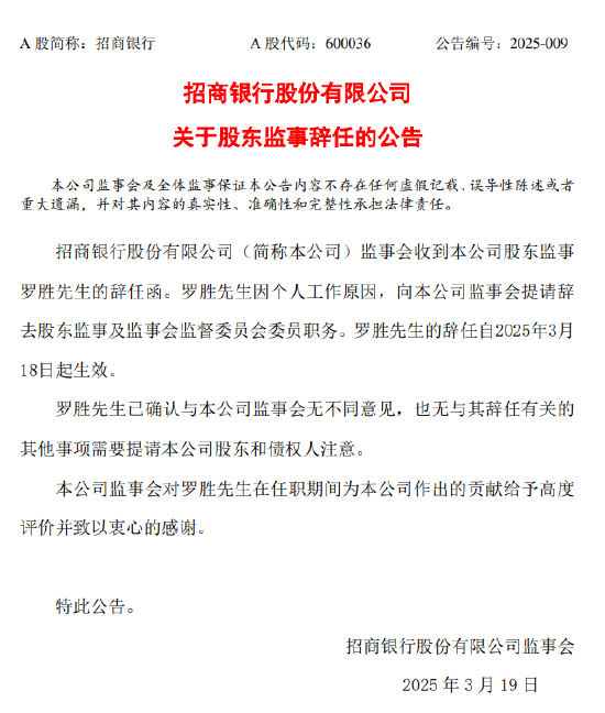 招商银行：股东监事及监事会监督委员会委员罗胜因个人工作原因辞任