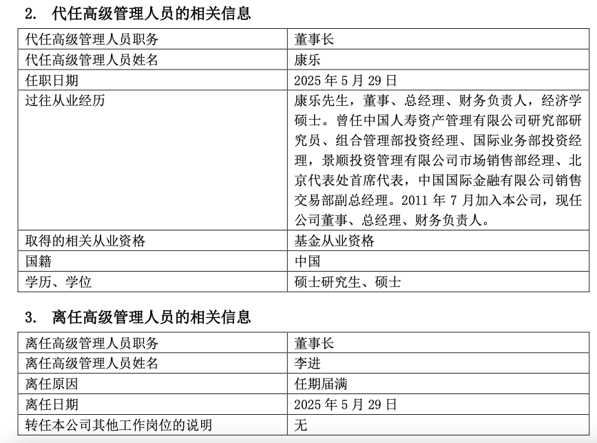 景顺长城基金董事长官宣届满离任，接任者确定