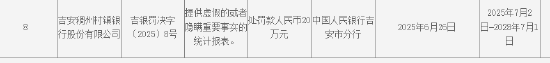 吉安稠州村镇银行被罚20万元：提供虚假的或者隐瞒重要事实的统计报表