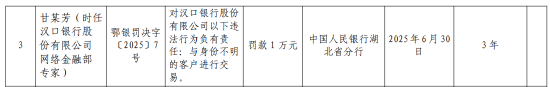 汉口银行被罚123万元：未按规定履行客户身份识别义务 与身份不明的客户进行交易