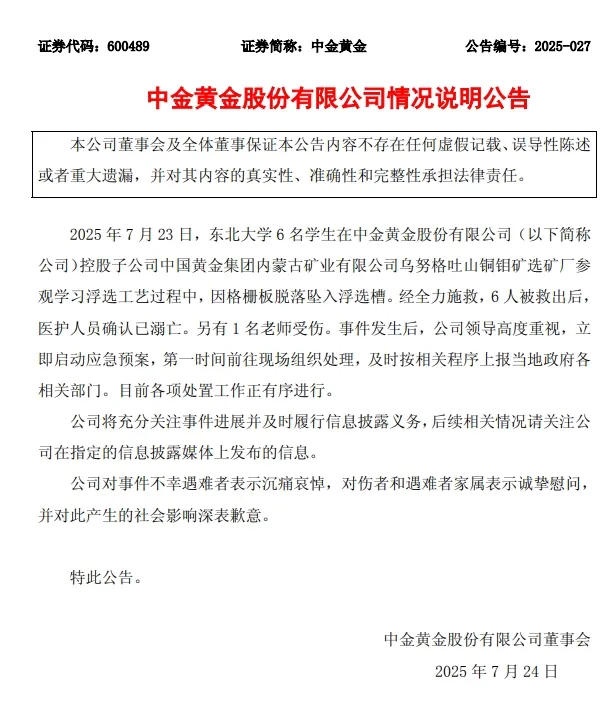 中金黄金跌超7% ，6名大学生在子公司参观时溺亡