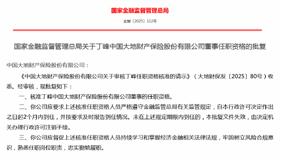 丁峰大地财险董事任职资格获批