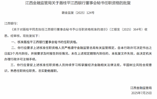 聂桂平获批担任江西银行副行长、董事会秘书